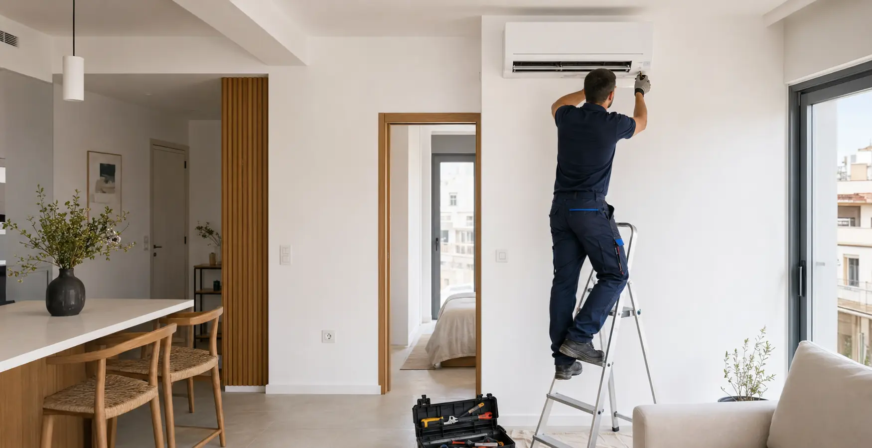 Professional technician installing a wall-mounted air-conditioning unit