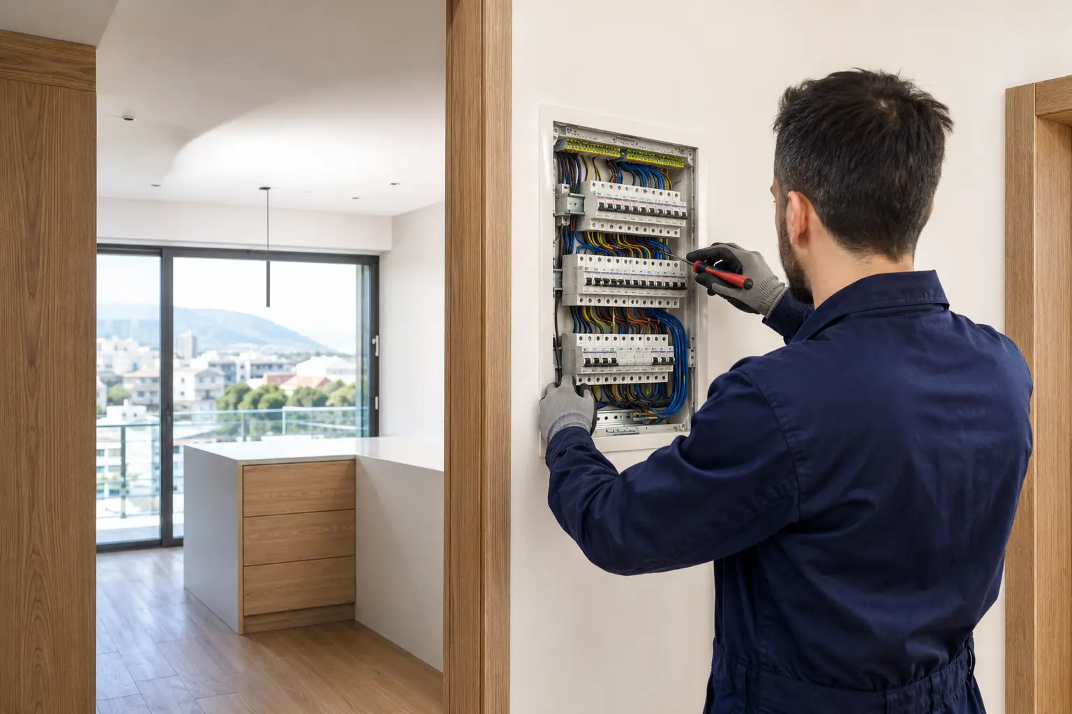 Professional electrician working on a modern electrical distribution panel