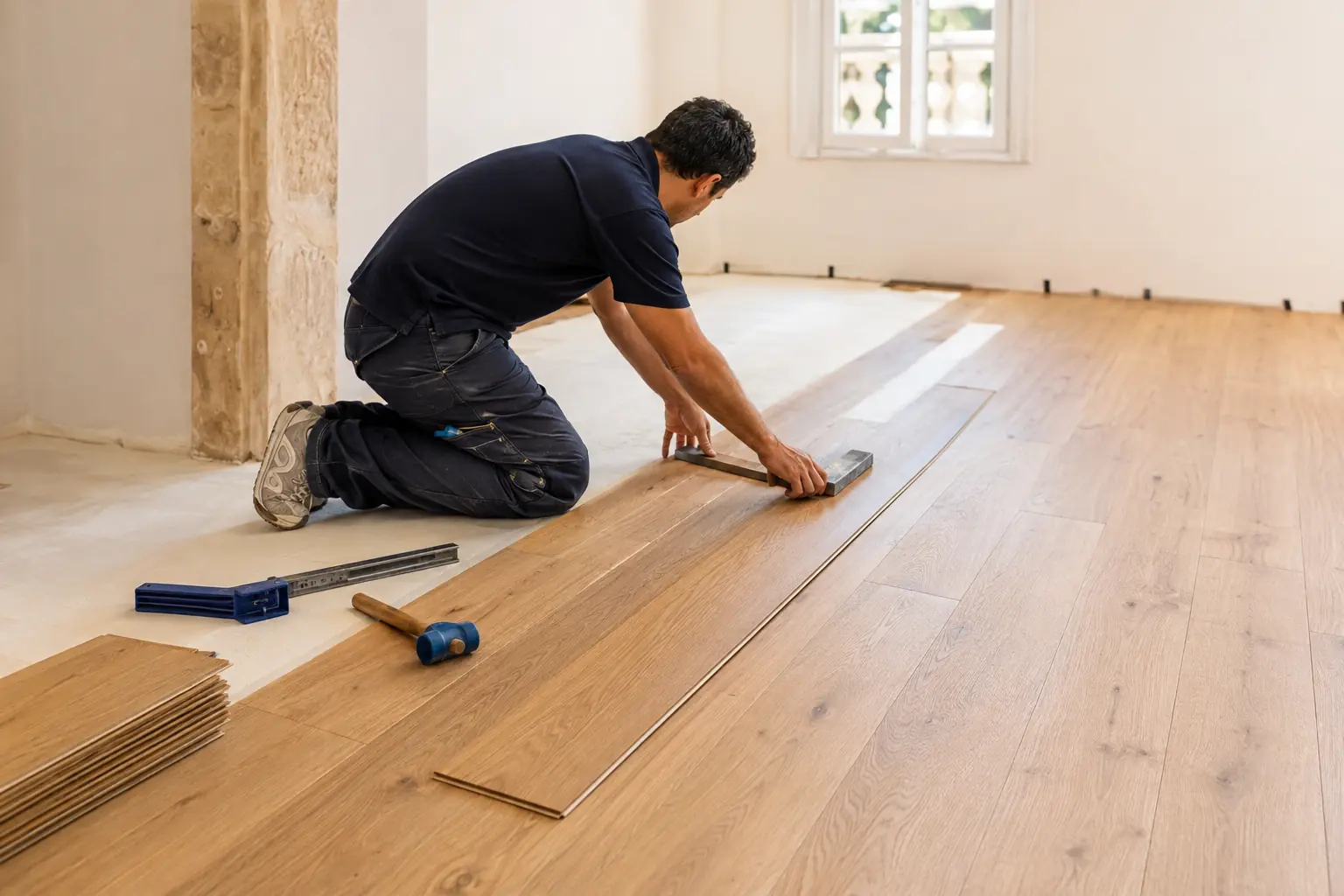 Professional flooring installer fitting warm oak flooring