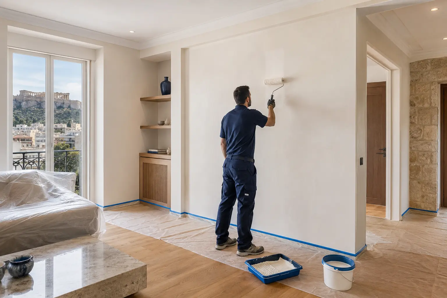 Professional painter applying a smooth neutral finish to an interior wall