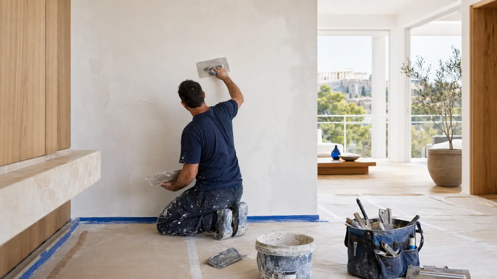 Professional plasterer smoothing a freshly plastered interior wall