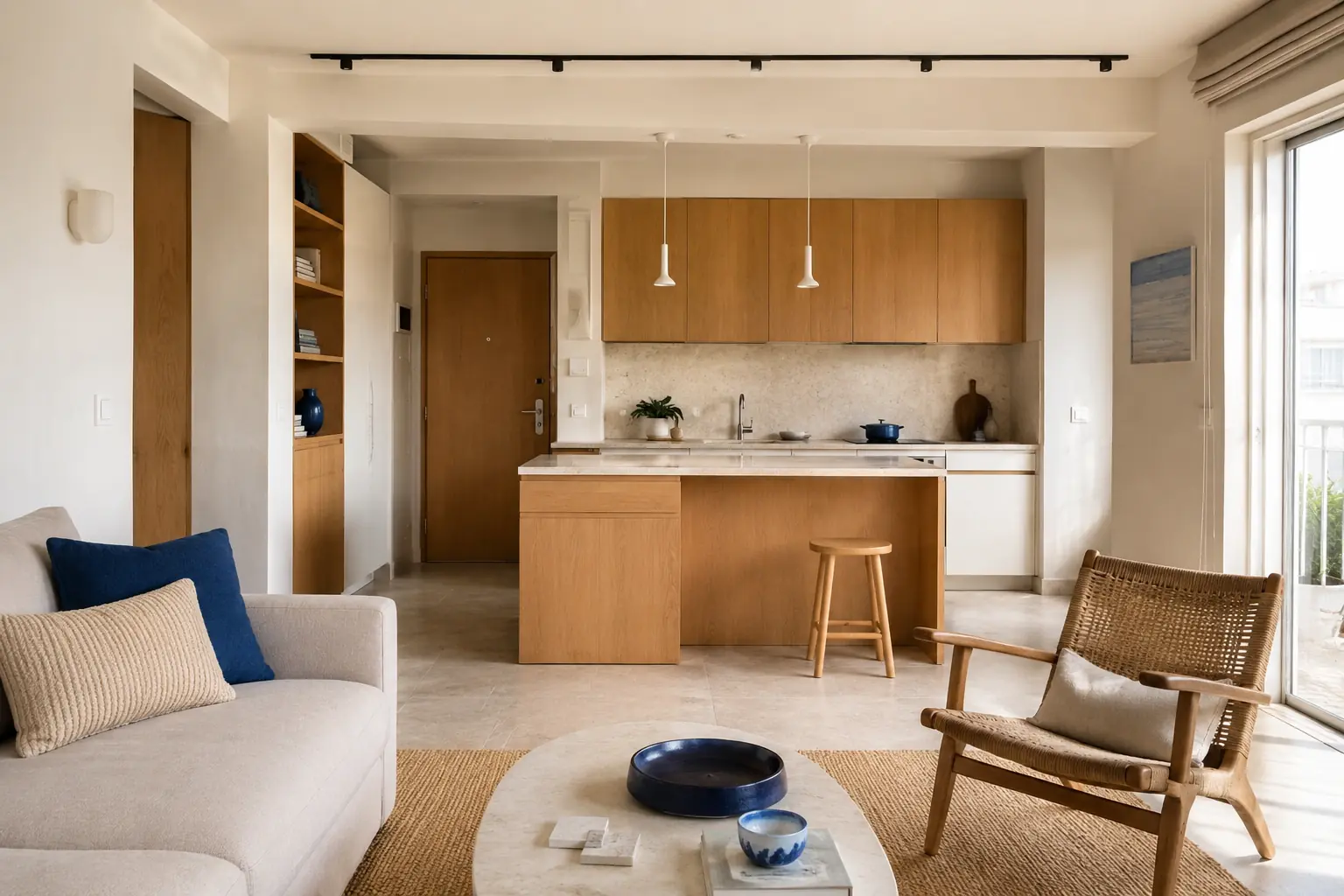 Representative visual of a completed compact coastal apartment renovation in Alimos