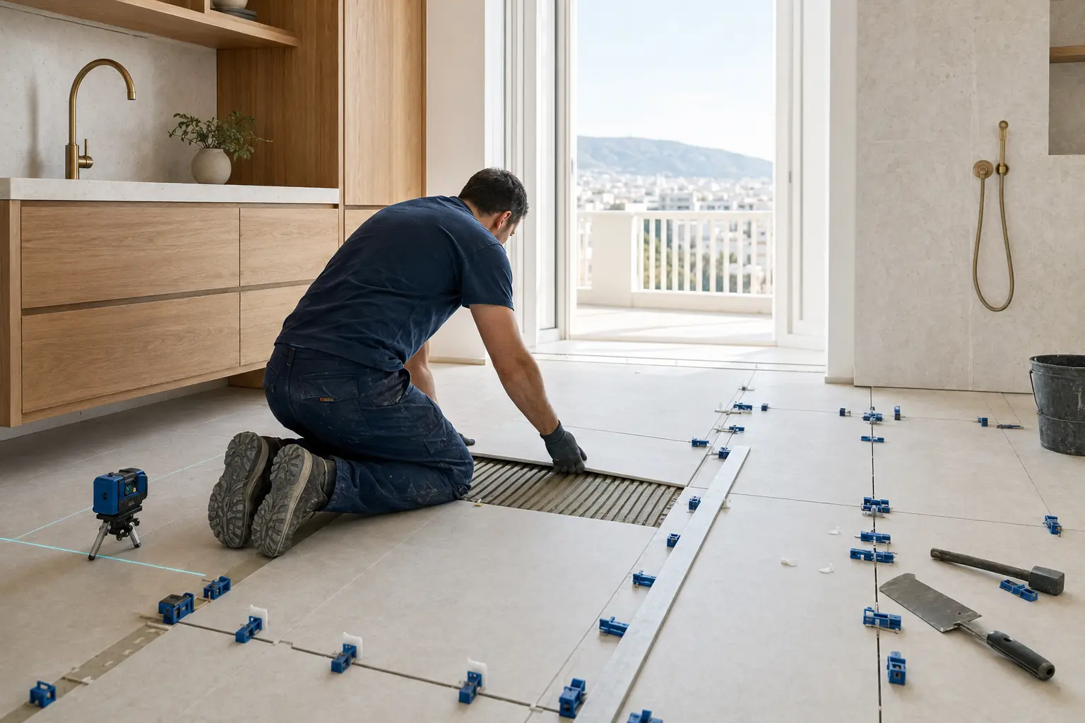 Professional tile installer laying large-format porcelain tiles